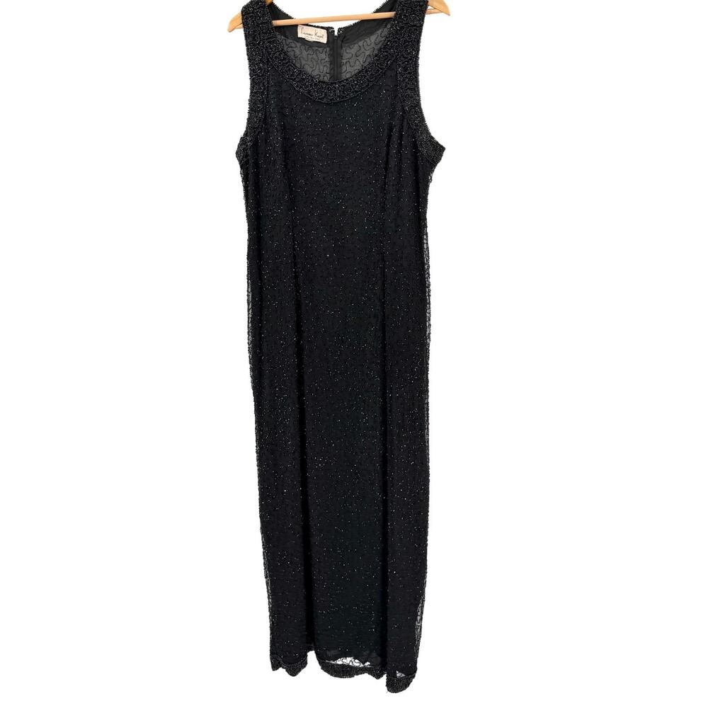 Vintage 90s Lawrence Kazar Black 100% Silk Beaded Cocktail Gown